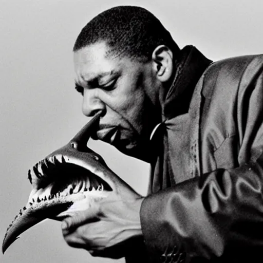 Image similar to john coltrane hugging and kissing a hammerhead shark