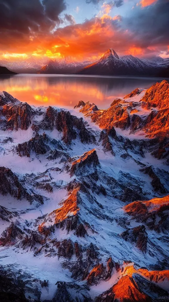 Image similar to amazing landscape photo of mountains with lake in sunset by marc adamus, beautiful dramatic lighting