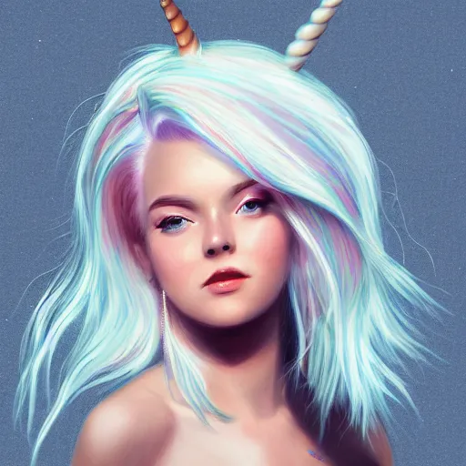 Image similar to a girl with lush white hair, unicorn horn, rim light, fresh colors, gradients, highly detailed, digital illustration, concept art, smooth, sharp focus, pleasing aesthetics, alexander wells