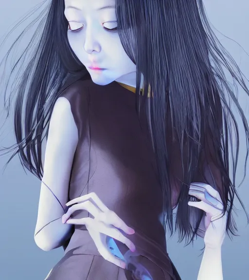 Image similar to girl with morbid thoughts wearing a black spring dress with short brown hair, queen of sharp needles and under the effect of psychosis, by Range Murata, Katsuhiro Otomo, Yoshitaka Amano, and Moebius. 3D effect.