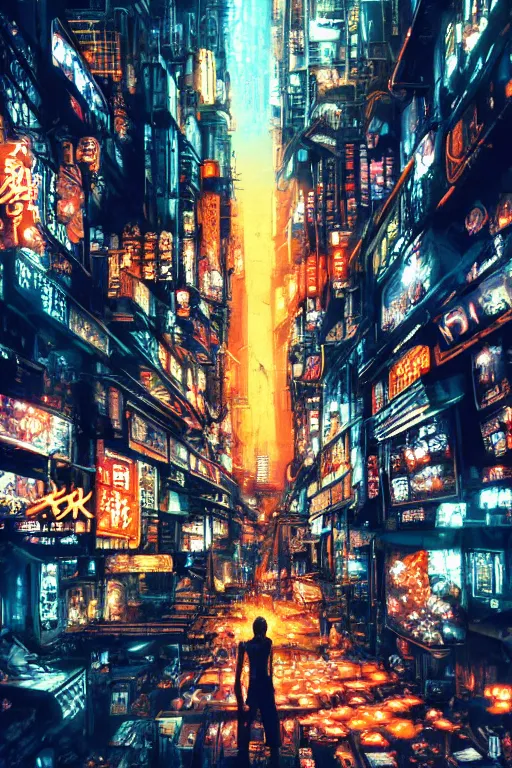 Image similar to tatsuki fujimoto movie poster, randypunk, intricate cyberpunk city, orange overlooking city, street gang, dramatic lighting, epic composition, bladerunner