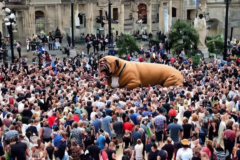 Prompt: a crowd of people surrounding a giant bulldog and the bulldog is five times larger then the people