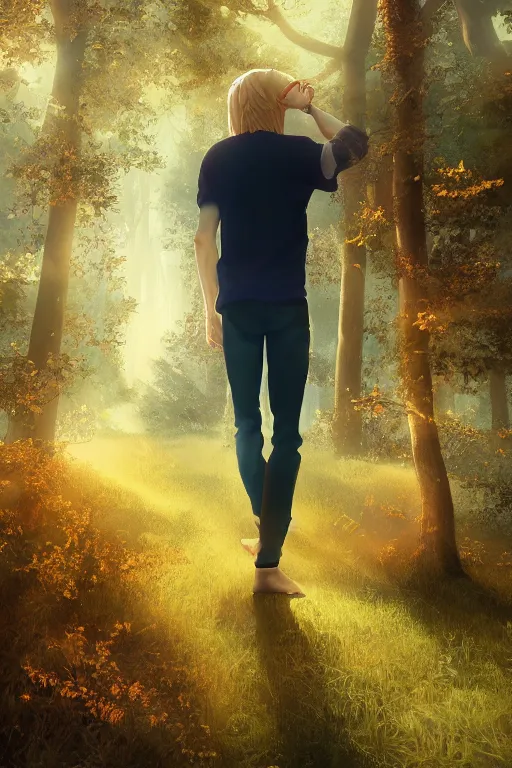 Prompt: pretty young man with long golden blond hair made of gold, demure, slender, back view, lost, trees, detailed forest background, webtoon, breathtaking scenery, colourful, 8 k, graphic novel, digital art trending on artstation, volumetric lighting, octane render, cinematic, hyper detailed, magical atmosphere, magical forest, ghibli