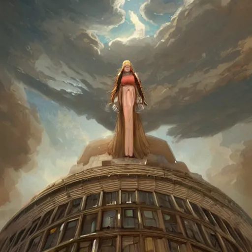 Image similar to ifirst person perspective in a city looking up at the sky to see god's female face looking down at me, fantasy illustration, by greg rutkowski