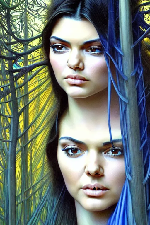 Prompt: realistic detailed face portrait painting of a beautiful kendall jenner with long hair with sci-fi headwear, futuristic sci-fi forest on background by Jean Delville, Amano, Yves Tanguy, Alphonse Mucha, Edward Robert Hughes, Roger Dean, rich moody colours, blue eyes