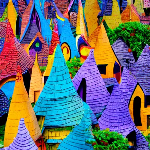 Image similar to a phantasy village with colorful buildings designed by Tim Burton