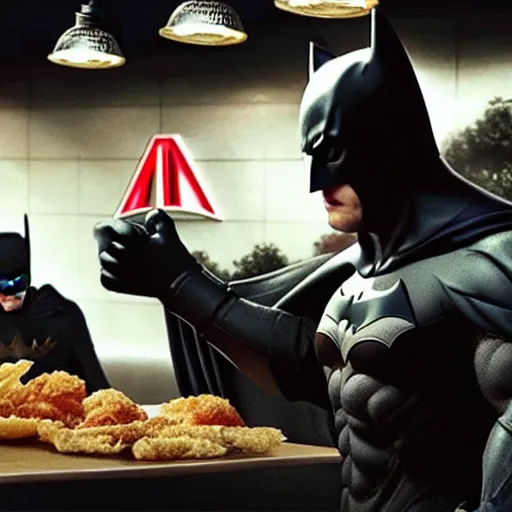 Prompt: A still of Batman eating at KFC, 4k, photograph, ultra realistic, highly detailed, studio lighting