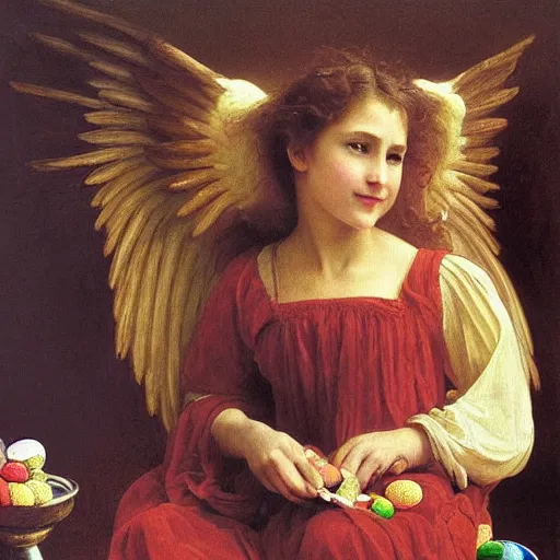 Image similar to an oil painting of an angel inside a theater eating M&M candies, by Bouguereau, highly realistic and intricate