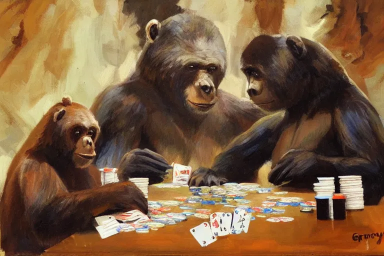 Image similar to 2 animals, gorrila, bear, playing poker highly detailed beautiful, by gregory manchess, james gurney, james jean