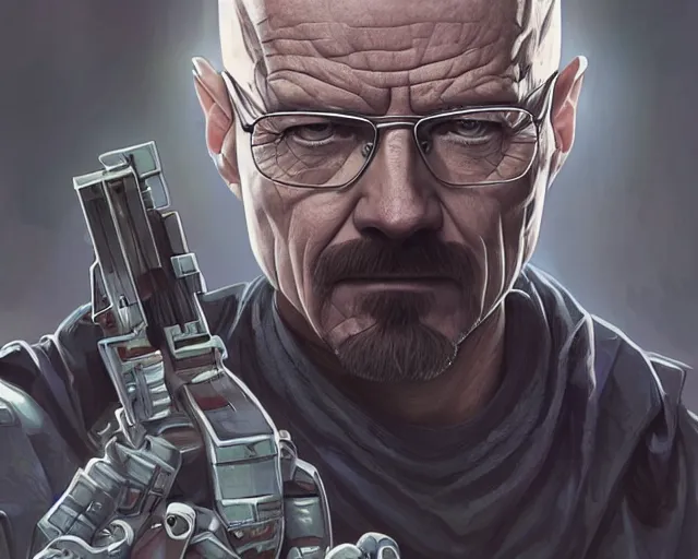 Prompt: walter white with cyberpunk implants, deep focus, d & d, fantasy, intricate, elegant, highly detailed, digital painting, artstation, concept art, matte, sharp focus, illustration, hearthstone, art by artgerm and greg rutkowski and alphonse mucha