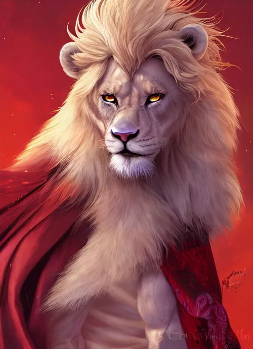 Image similar to award winning beautiful portrait commission of a male furry anthro albino lion with a beautiful hyperdetailed attractive outfit and face wearing a golden and red rockstar outfit on a stage. Character design by charlie bowater, ross tran, and makoto shinkai, detailed, inked, western comic book art