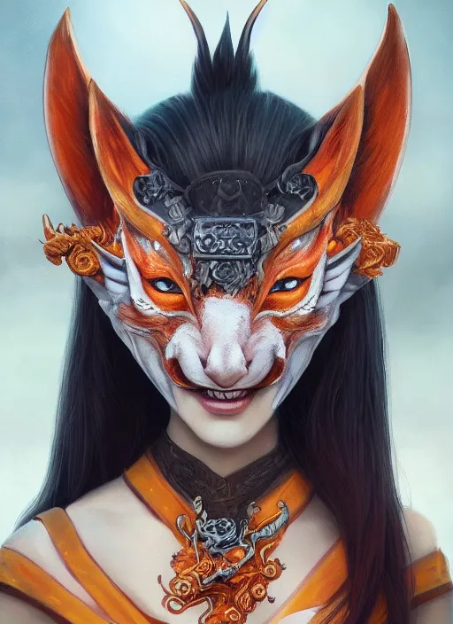 Prompt: a beautiful detailed oil on copper art illustration of a japanese kitsune mask devil woman, centered, by charlie bowater, zeng fanzh, trending on artstation, dim dusk lighting, cinematic lighting, detailed lighting, volumetric lighting, realistic, f 8, 4 k hd wallpaper