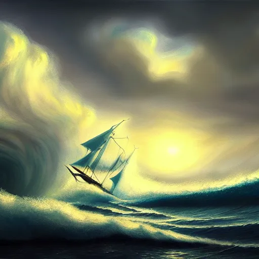 Image similar to a real photographic landscape painting with incomparable reality, super wide, ominous sky, sailing boat, wooden boat, lotus, huge waves, starry night, harry potter, volumetric lighting, clearing, realistic, james gurney, artstation - h 1 0 2 4