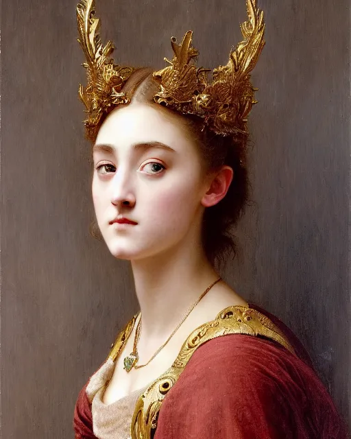 Prompt: a 16-year old girl who resembles Ana de Armas and Saoirse Ronan, dressed in ornate, detailed, intricate golden armor, detailed oil painting by William Adolphe Bouguereau