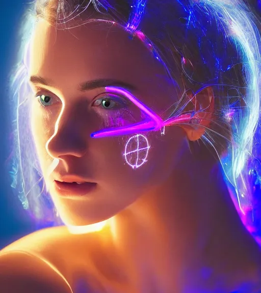 Prompt: lightpainting luminescent portrait, diffuse luminescent lightpainting, intricate wiccan luminescent lightpainting, elegant light, highly detailed zen neon, lifelike, fully photorealistic, artstation, luminescent concept art, smoothened, sharp luminescent focus, sharp art by john collier, michael bosanko