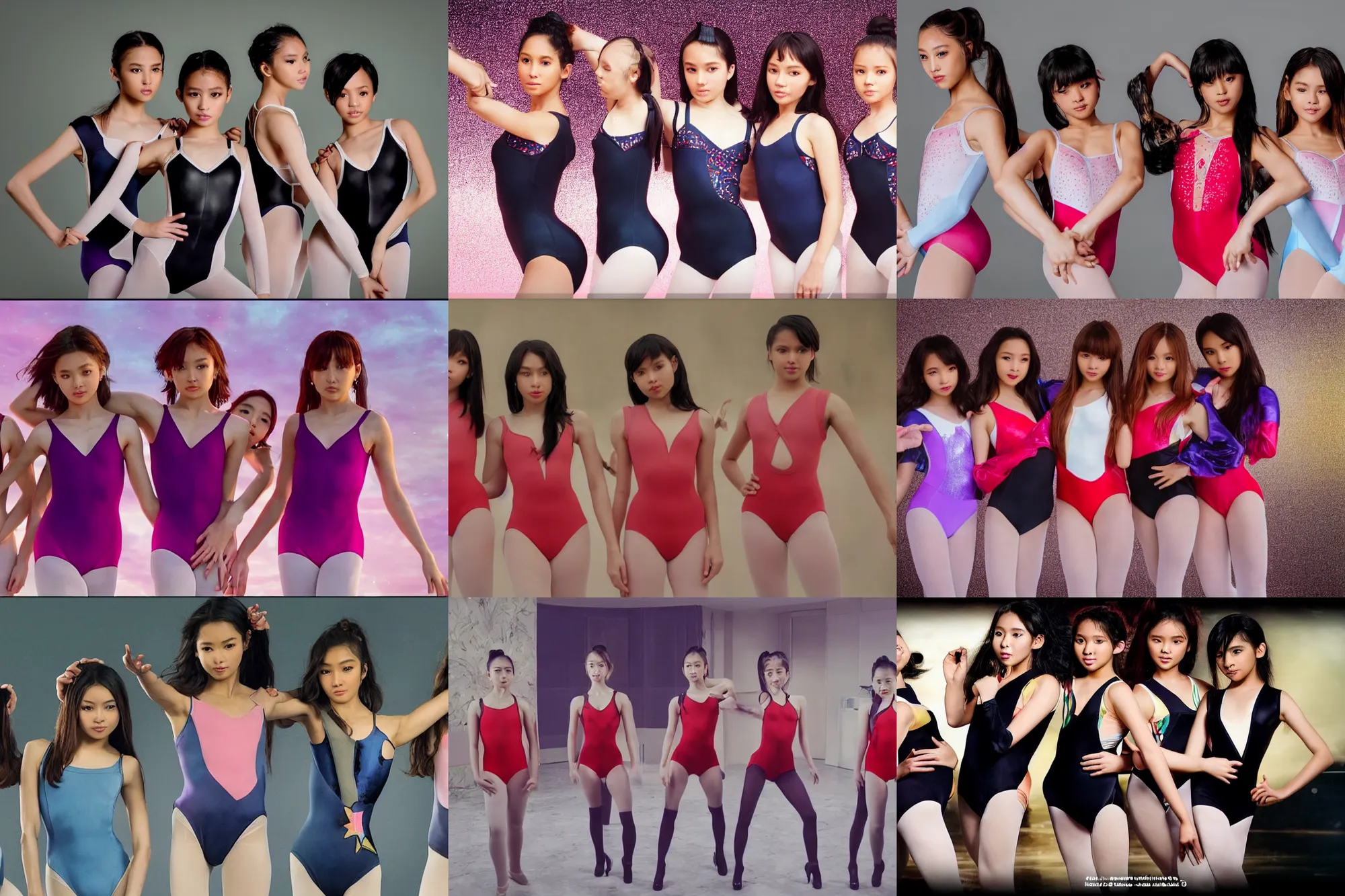 Prompt: unbelievably beautiful, perfect, dynamic, epic, cinematic 8 k hd movie shot, three beautiful cute young p - pop idols actresses in philippines girl band, posing together in leotards. motion, vfx, inspirational arthouse, high budget, hollywood style, at behance, at netflix, with instagram filters, photoshop, adobe lightroom, adobe after effects, taken with polaroid kodak portra