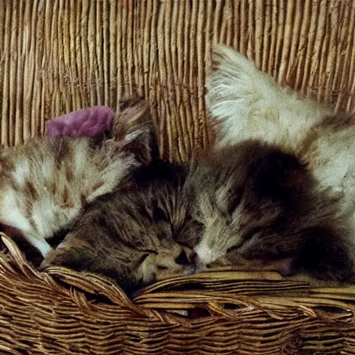 Image similar to two kittens sleeping in a basket, happy, cute