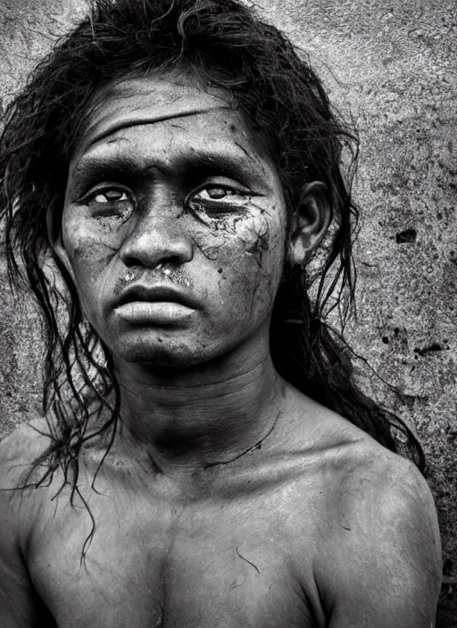 Image similar to Award winning Editorial photo of a Native Nauruans with incredible hair and beautiful hyper-detailed eyes wearing traditional garb by Lee Jeffries, 85mm ND 5, perfect lighting, gelatin silver process