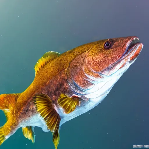 Image similar to incredibly detailed atlantic cod, hyper realistic, underwater, beautiful, dynamic camera angle, canon 5 d, 4 k,