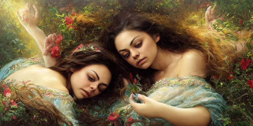 Image similar to Mila Kunis falling asleep, Lilia Alvarado, Sophie Anderson, Mark Arian, Bob Byerley, Charlie Bowater, Mark Brooks, Steve Henderson, Justin Gerard, Arthur Hughes, Edward Robert Hughes, Mark Keathley, Victor Nizovtsev, Carlos Shwabe, Ross Tran, WLOP