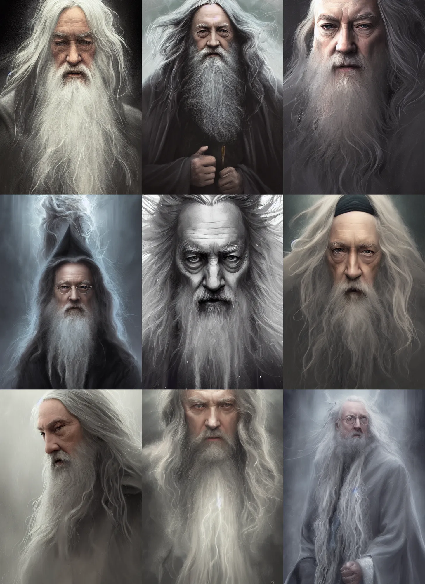 Prompt: portrait dumbledore, stormy, wind, rain, ghost, long hair, intricate, elegant, highly detailed, digital painting, artstation, concept art, smooth, sharp focus, illustration, daren bader, aleksi briclot, rutkowski, bouguereau