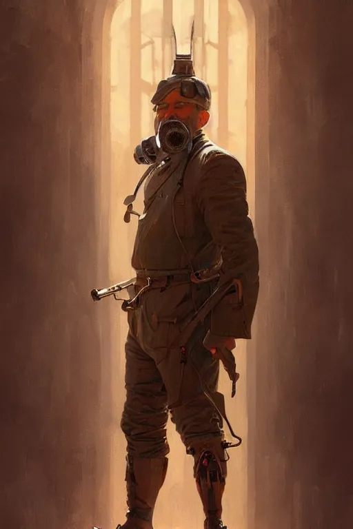 Prompt: a middle aged man as an artillery shell, realistic painting, symmetrical, highly detailed, digital painting, artstation, concept art, smooth, sharp focus, illustration, cinematic lighting, art by artgerm and greg rutkowski and alphonse mucha