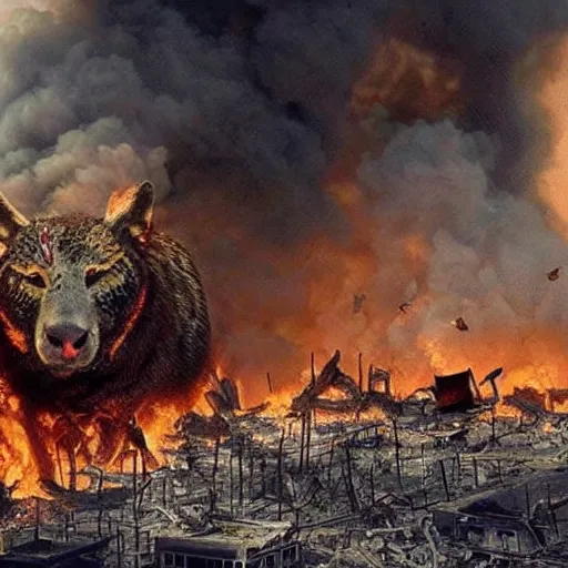 Prompt: animals destroy a city, fire, destruction, chaos