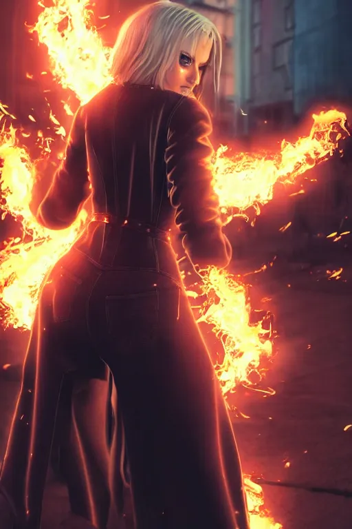 Prompt: young blonde woman from behind with flames dancing on her hands with a long jacket in a cyberpunk city, realistic, high definition, 4K, shimmering color, art of attack of titan