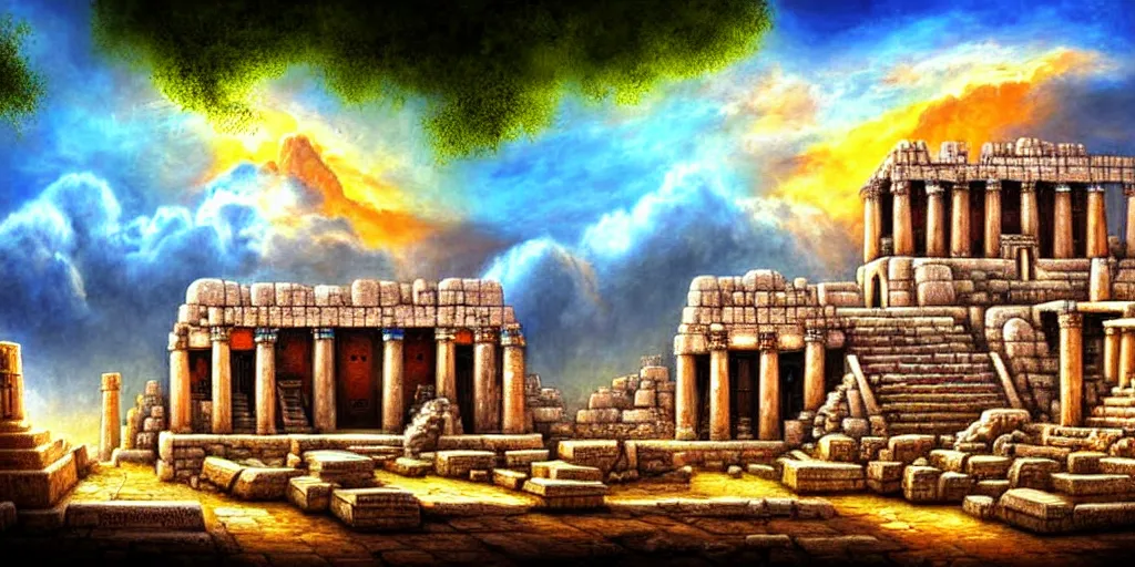 Image similar to illusion painting hidden temple in the clouds : an adorable small fox in the huge ruins of the second temple in jerusalem. a new temple hovers quietly hiding in the dreamy clouds above. a hooded bearded old man in a brown tunic laughing, colorful 8 k, art station, intricate superb details, digital art, illusion painting hidden image.