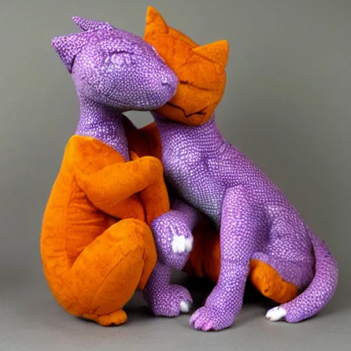 Prompt: purple dragon snuggling orange tabby cat, orange tabby hugging tiny dragon