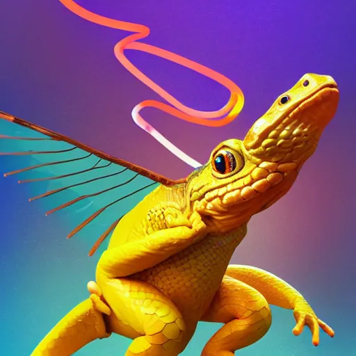 Image similar to A winged toad dances with a rainbow snake and a golden lizard, artstation, concept art, master illustration, details, good clear quality, fun - w 704