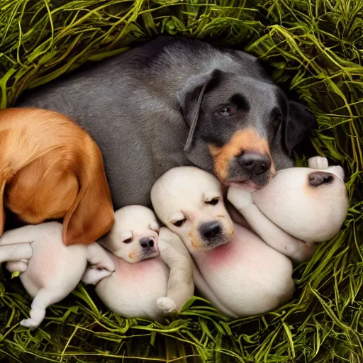 Image similar to 8 0 mm anne geddes photo of a momma dog with her newborn puppies, natural sunlight, indoors, cool colors