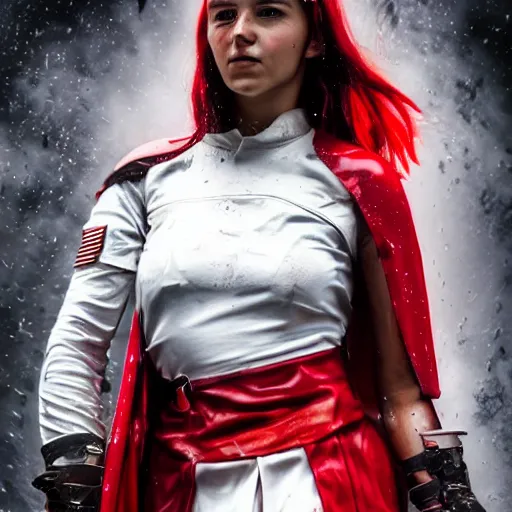 Image similar to a young female soldier wearing blood-spattered glossy sleek white dinged scuffed armor and a long torn red cape, heroic posture, determined expression, elegant, battle weary, no helmet, rain, jungle, dramatic lighting, cinematic, sci-fi, hyperrealistic, detailed