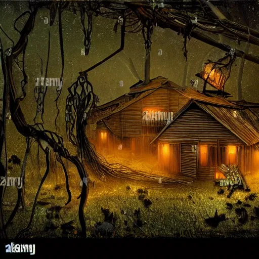 Image similar to collapsed wooden house in mythical forest with creepy ambiance, vines hanging from trees, glowing fireflies, hazy, by hr giger, sharp focus, highly detailed