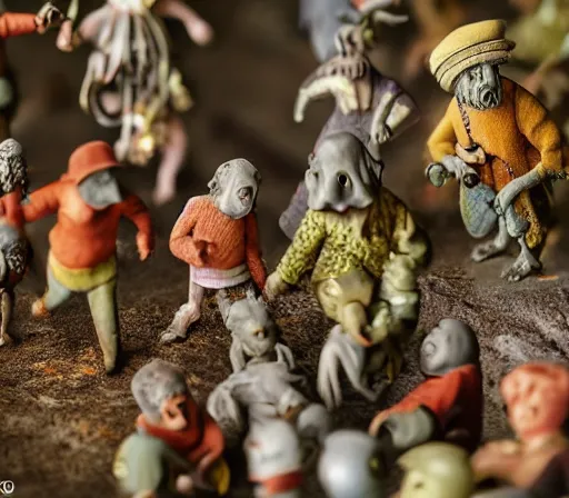 Image similar to miniature figurines of disturbing heironymus bosch monsters, close up, detail, tilt shift, product photography