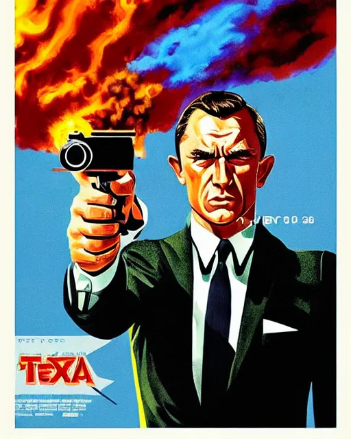 Prompt: “ a james bond style pulp poster, illustration of big tex from the texas state fair on fire, movie premiere poster, close up, portrait, dramatic, 1 9 6 0 s, highly detailed, brandishing a gun ”