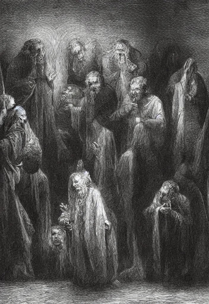 Image similar to drunken priests, creepy atmosphere, dark, portrait, very realistic, illustration by gustave dore