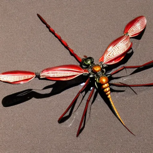 Image similar to a realistic robotic Dragonfly , industrial made of resin and fossils, UHD,