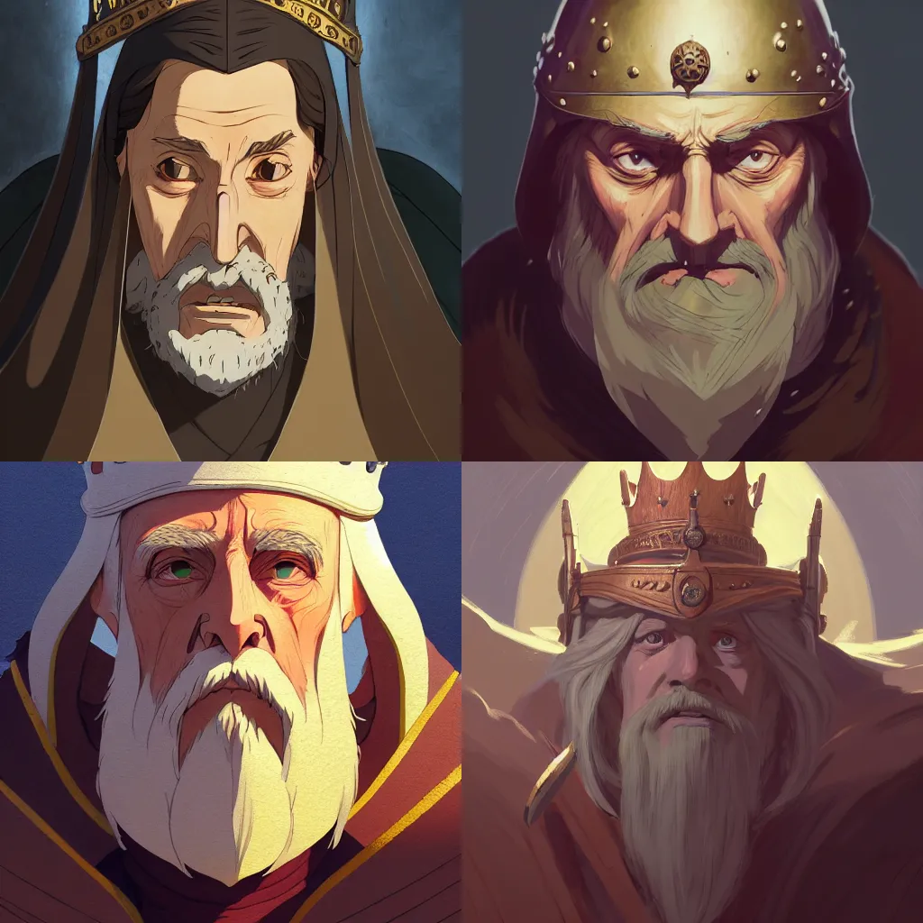 Prompt: portrait of a medieval old king, artstation, cartoon, elegant, highly detailed, digital painting, concept art, smooth, sharp focus, illustration, art by studio ghibli, makoto shinkai, anton fadeev, don bluth, fujita goro, jean giraud, atey ghailan, akihiko yoshida, tom whalen 8 k