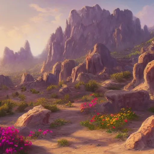 Image similar to a matte painting of the wild west, patchy flowers and rocks, oil painting, pale colors, high detail, 8 k, wide angle, trending on artstation,