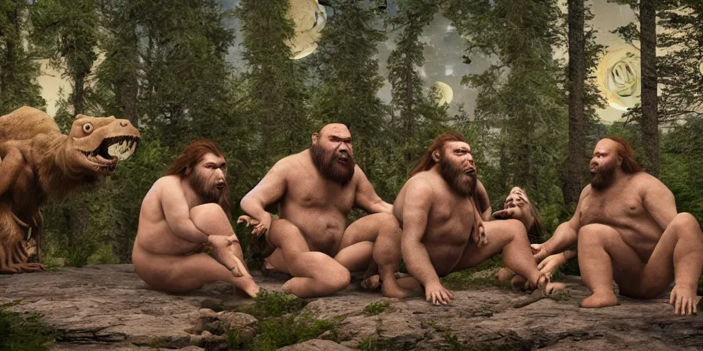 Image similar to photo, three hairy fat neanderthal people, emma!! watson!!, eating outside, surrounded by dinosaurs!, gigantic forest trees, sitting on rocks, bright moon, birthday cake on the ground, front view, high detailed, 4 k