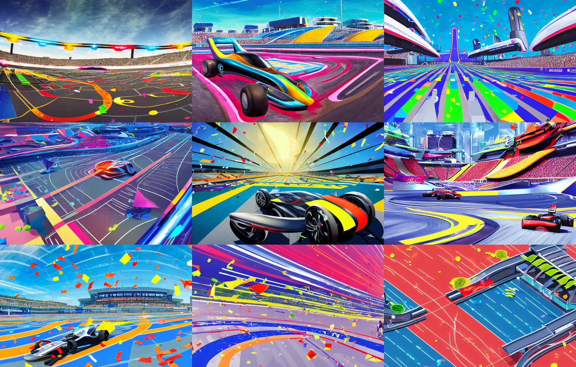 Prompt: wide angle shot of a futuristic vehicle racetrack finish line with confetti on a sunny day with a clear blue sky, cyberpunk, profile shot, digital painting, good value control, vibrant colors, crowded stands, three point perspective, rule of thirds, golden ratio, horizon line focus, sharp focus, vanishing point