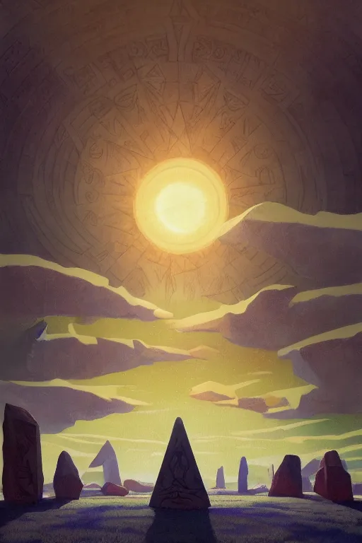 Image similar to circle of standing stones engraved with ancient geometric patterns, dramatic cinematic lighting, rich colors, by Nicholas Roerich and William Dyce and April Gornik and Caspar David Friedrich and Sylvain Sarrailh and Ludwig Deutsch and Diego Rivera and Tyler Edlin, featured on artstation