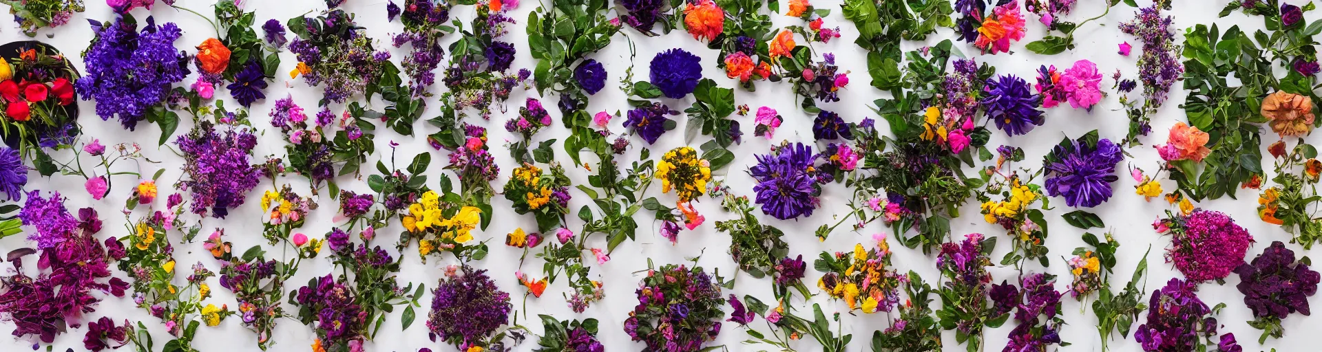 Prompt: a knolling of beautiful alien flowers of all different kinds and varieties, overhead view, flatlay