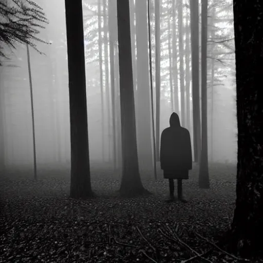 Image similar to shadow people in forest, staring at camera glowing white eyes, black and white, foggy, grainy, very old, creepy, eerie, unsettling