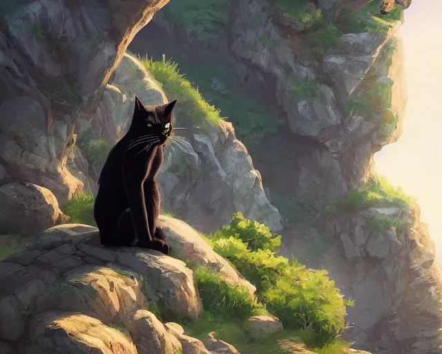 Image similar to A black cat sitting on a cliffside overlooking the beach. By Makoto Shinkai, Stanley Artgerm Lau, WLOP, Rossdraws, James Jean, Andrei Riabovitchev, Marc Simonetti, krenz cushart, Sakimichan, trending on ArtStation, digital art.