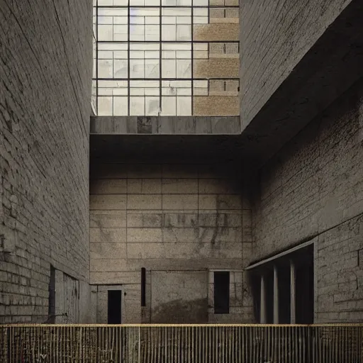 Image similar to “derelict architecture buildings, architecture digest, muted tones, volumetric lighting, building made by Mies Van der Rohe, photorealism, high detail, golden ratio, cinematic, octane renderer”