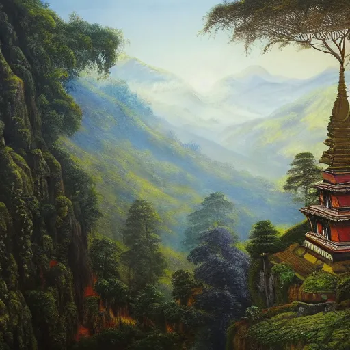 Prompt: a beautiful and highly detailed oil painting of an nepali temple in the kathmandu valley, detailed trees and cliffs, forgotten valley, swirling mist, lush forests, intricate details, epic scale, insanely complex, 8 k, sharp focus, hyper realism, fantasy landscape, psychedelic, by caspar friedrich,