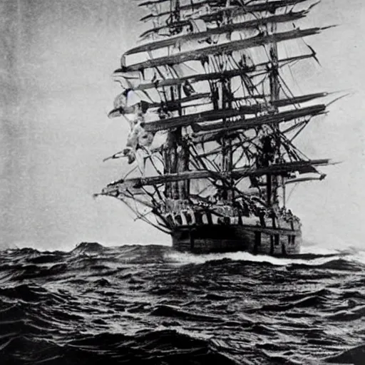 Image similar to an impossibly huge pirate ship, being attacked by a kraken, giant tentacles. 1930s photograph