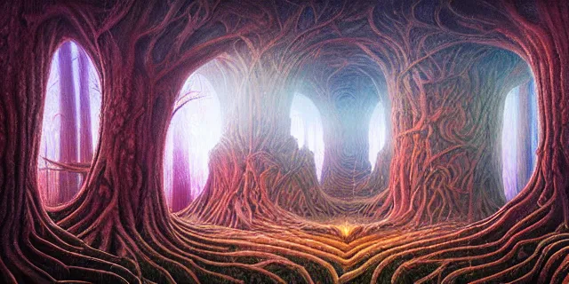 Image similar to painting of redwood tree and redstone labyrinth in the style of nebulapunk by dan seagrave and tomasz alen kopera